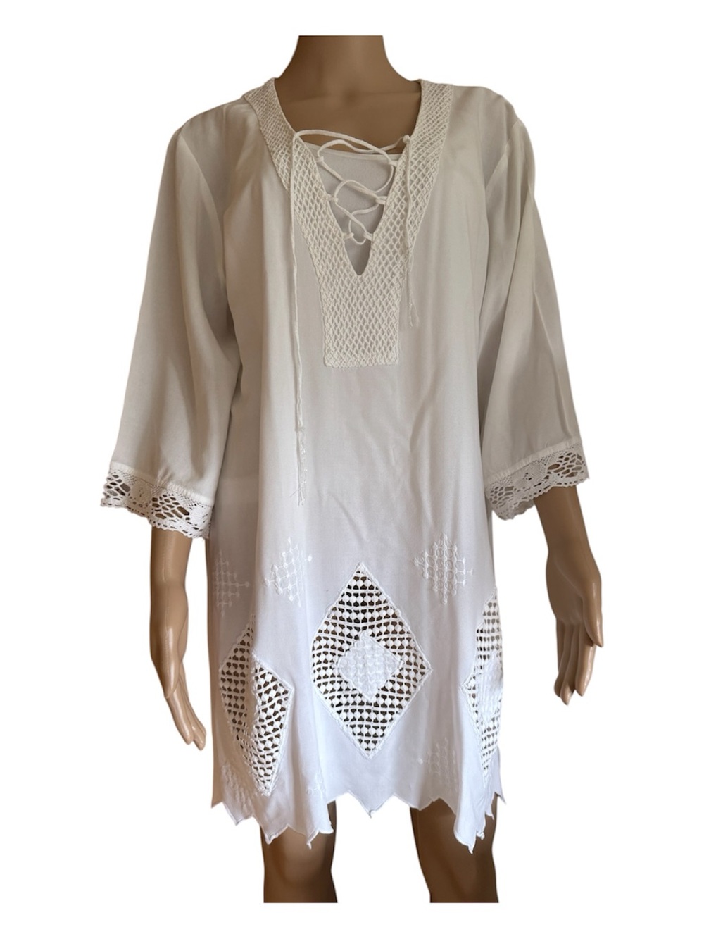 blue island White V Neck Asymmetrical Hem Swimsuit Coverup